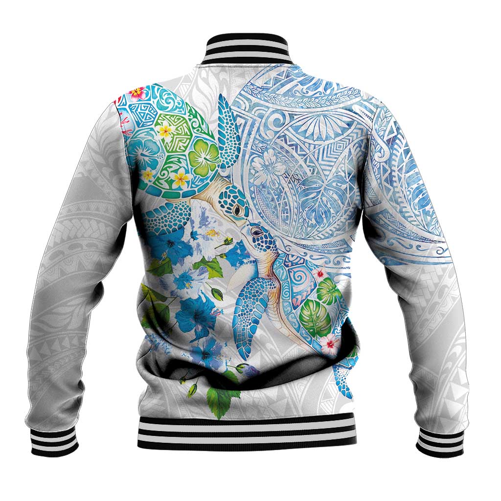 Hawaiian Couple Turtles Honi Baseball Jacket Polynesian Art Motifs and Hibiscus White Blue Color LT03 - Polynesian Pride