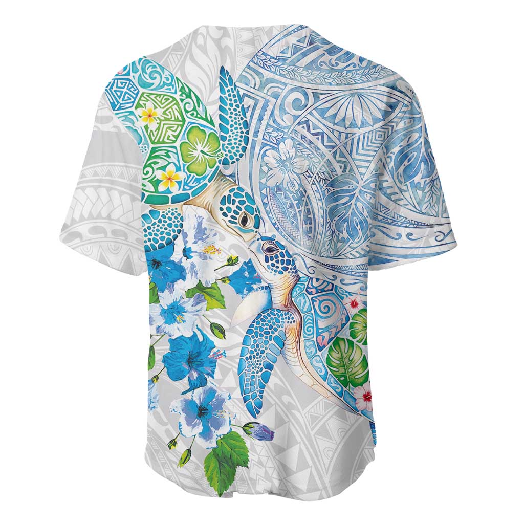 Hawaiian Couple Turtles Honi Baseball Jersey Polynesian Art Motifs and Hibiscus White Blue Color LT03 - Polynesian Pride