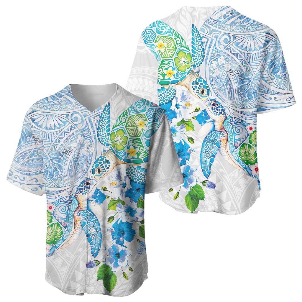 Hawaiian Couple Turtles Honi Baseball Jersey Polynesian Art Motifs and Hibiscus White Blue Color LT03 - Polynesian Pride