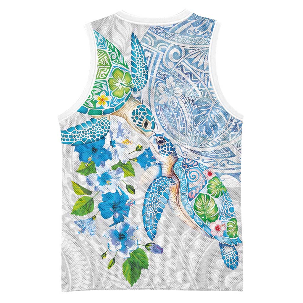 Hawaiian Couple Turtles Honi Basketball Jersey Polynesian Art Motifs and Hibiscus White Blue Color LT03 - Polynesian Pride