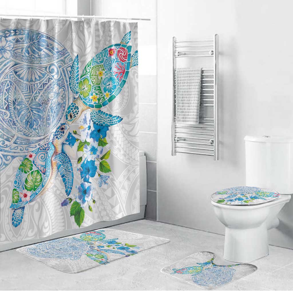 Hawaiian Couple Turtles Honi Bathroom Set Polynesian Art Motifs and Hibiscus White Blue Color LT03 Bathroom Set (4 pcs) White - Polynesian Pride
