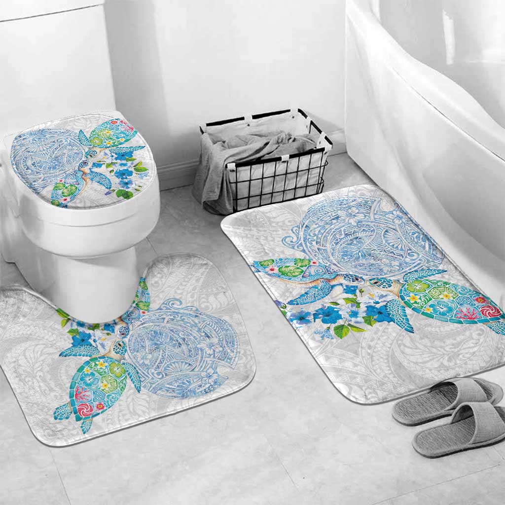 Hawaiian Couple Turtles Honi Bathroom Set Polynesian Art Motifs and Hibiscus White Blue Color LT03 Mat Set Only (3 pcs) One Size White - Polynesian Pride
