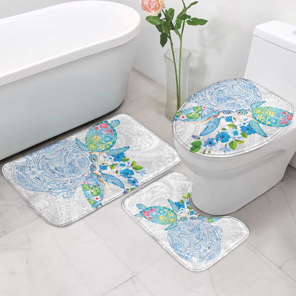 Hawaiian Couple Turtles Honi Bathroom Set Polynesian Art Motifs and Hibiscus White Blue Color LT03 - Polynesian Pride