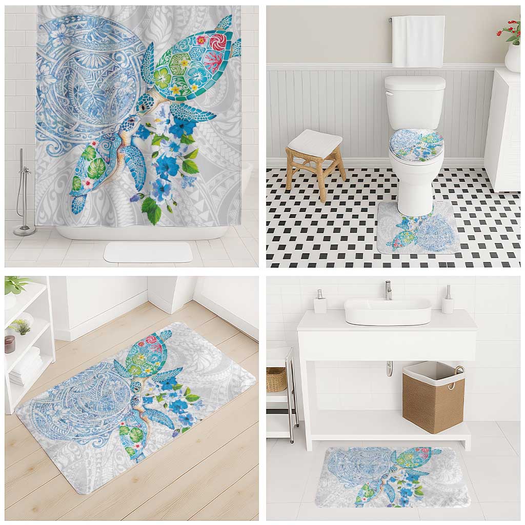 Hawaiian Couple Turtles Honi Bathroom Set Polynesian Art Motifs and Hibiscus White Blue Color LT03 - Polynesian Pride