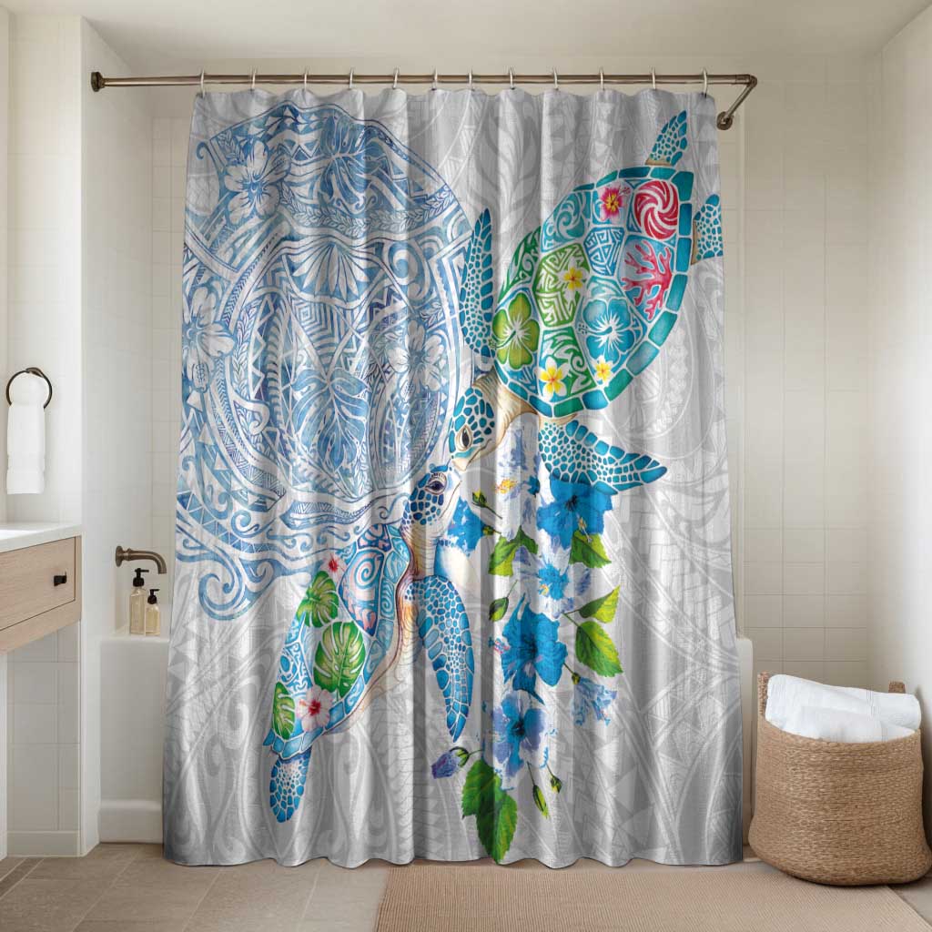 Hawaiian Couple Turtles Honi Bathroom Set Polynesian Art Motifs and Hibiscus White Blue Color LT03 Shower Curtain Only White - Polynesian Pride