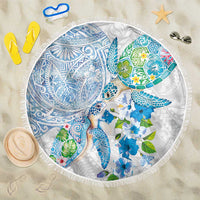 Hawaiian Couple Turtles Honi Beach Blanket Polynesian Art Motifs and Hibiscus White Blue Color LT03 One Size 150cm White - Polynesian Pride