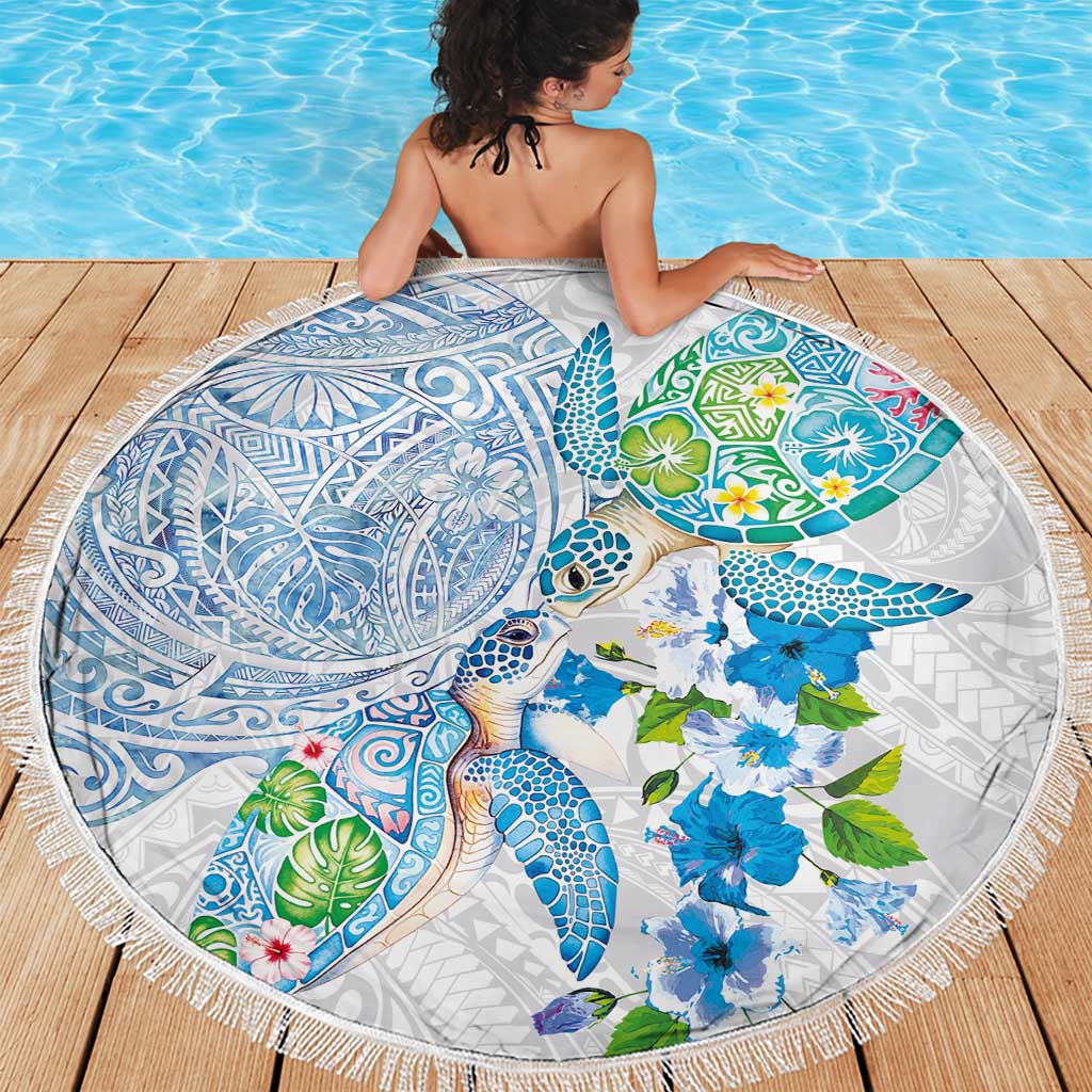 Hawaiian Couple Turtles Honi Beach Blanket Polynesian Art Motifs and Hibiscus White Blue Color LT03 - Polynesian Pride