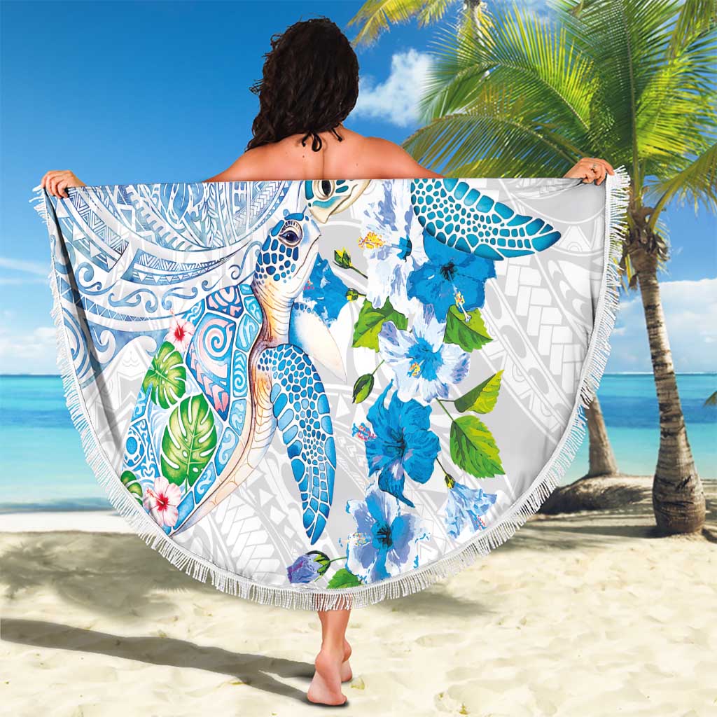 Hawaiian Couple Turtles Honi Beach Blanket Polynesian Art Motifs and Hibiscus White Blue Color LT03 - Polynesian Pride