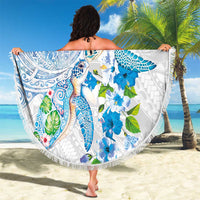 Hawaiian Couple Turtles Honi Beach Blanket Polynesian Art Motifs and Hibiscus White Blue Color LT03 - Polynesian Pride