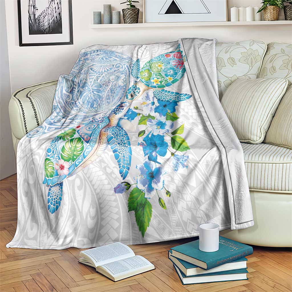 Hawaiian Couple Turtles Honi Blanket Polynesian Art Motifs and Hibiscus White Blue Color LT03 White - Polynesian Pride