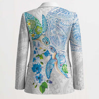 Hawaiian Couple Turtles Honi Blazer Polynesian Art Motifs and Hibiscus White Blue Color LT03 - Polynesian Pride