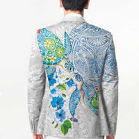 Hawaiian Couple Turtles Honi Blazer Polynesian Art Motifs and Hibiscus White Blue Color LT03 - Polynesian Pride