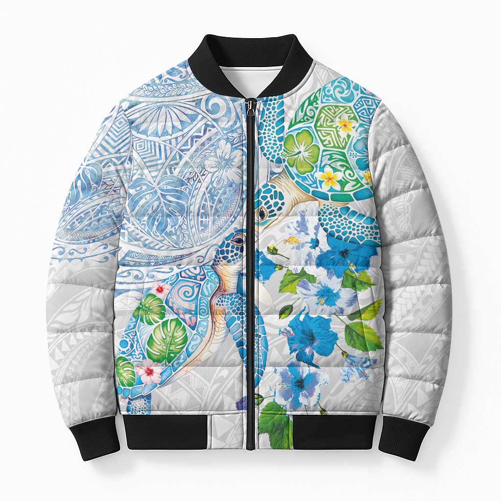 Hawaiian Couple Turtles Honi Bomber Puffer Jacket Polynesian Art Motifs and Hibiscus White Blue Color LT03 Unisex White - Polynesian Pride