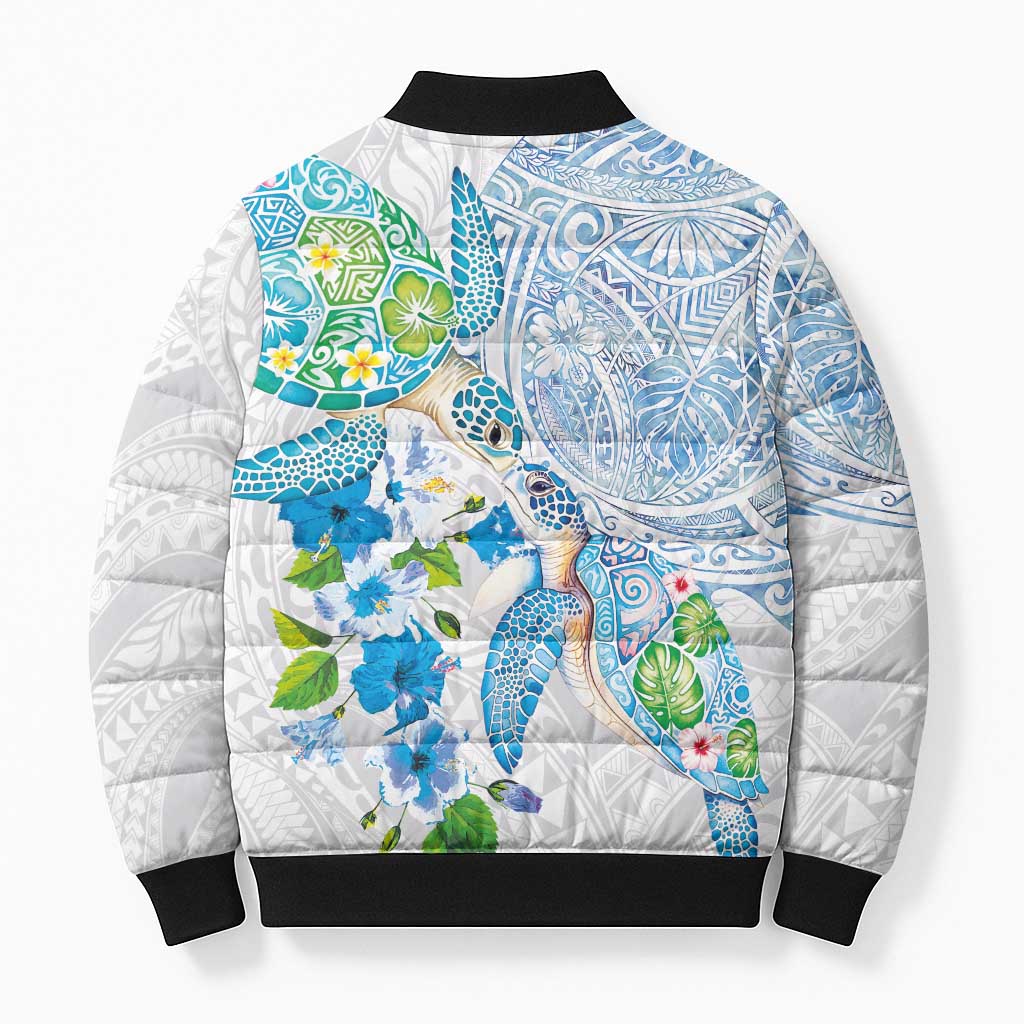 Hawaiian Couple Turtles Honi Bomber Puffer Jacket Polynesian Art Motifs and Hibiscus White Blue Color LT03 - Polynesian Pride
