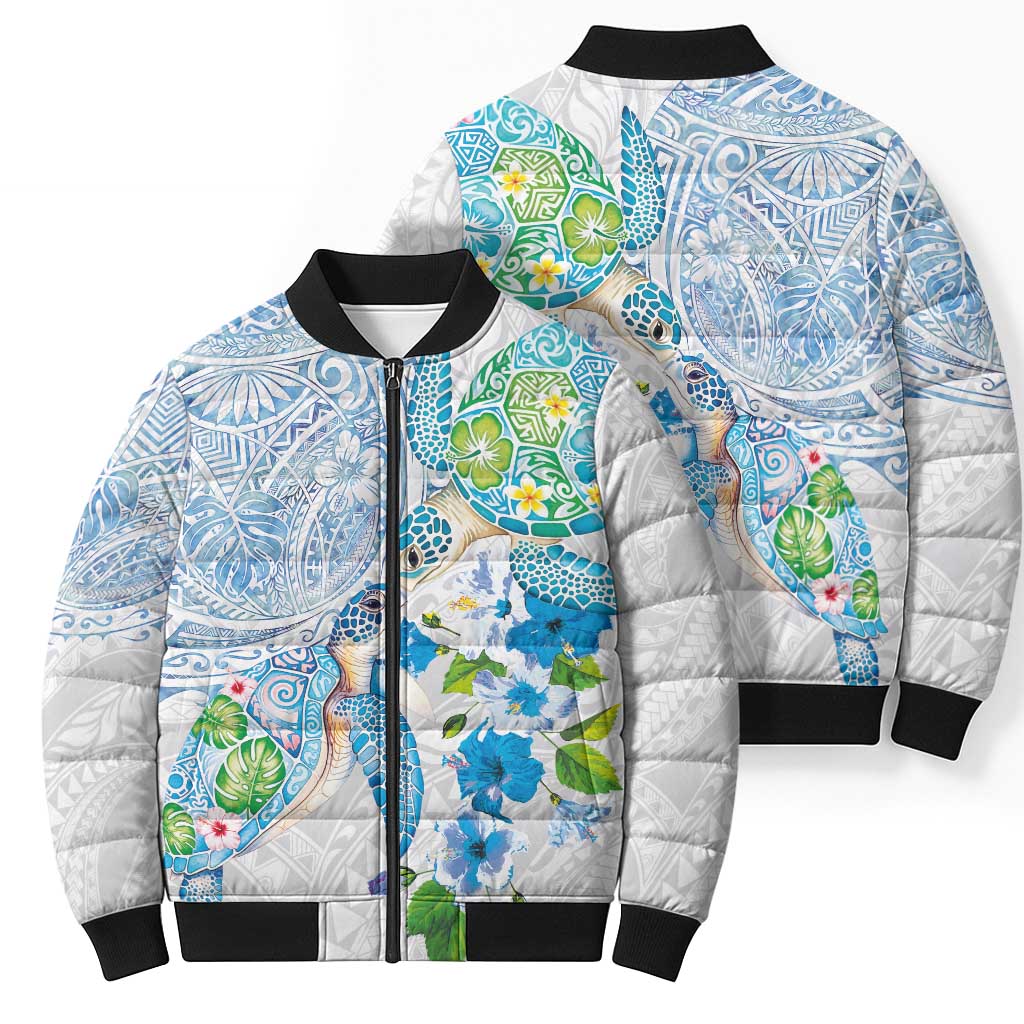 Hawaiian Couple Turtles Honi Bomber Puffer Jacket Polynesian Art Motifs and Hibiscus White Blue Color LT03 - Polynesian Pride