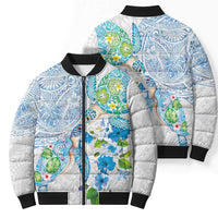 Hawaiian Couple Turtles Honi Bomber Puffer Jacket Polynesian Art Motifs and Hibiscus White Blue Color LT03 - Polynesian Pride