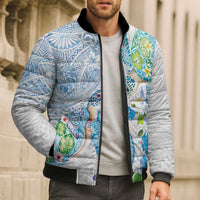 Hawaiian Couple Turtles Honi Bomber Puffer Jacket Polynesian Art Motifs and Hibiscus White Blue Color LT03 - Polynesian Pride