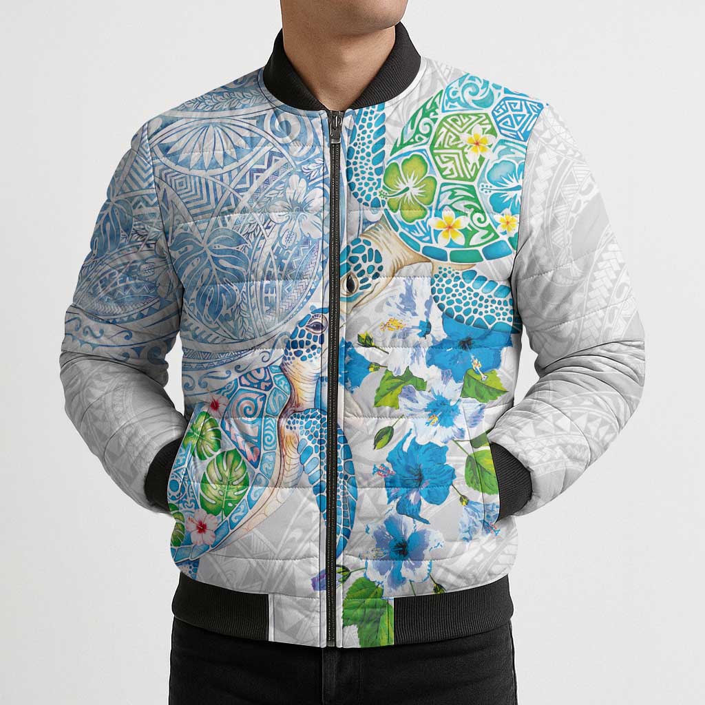 Hawaiian Couple Turtles Honi Bomber Puffer Jacket Polynesian Art Motifs and Hibiscus White Blue Color LT03 - Polynesian Pride