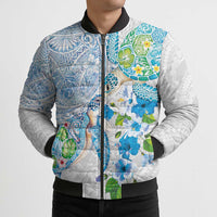 Hawaiian Couple Turtles Honi Bomber Puffer Jacket Polynesian Art Motifs and Hibiscus White Blue Color LT03 - Polynesian Pride