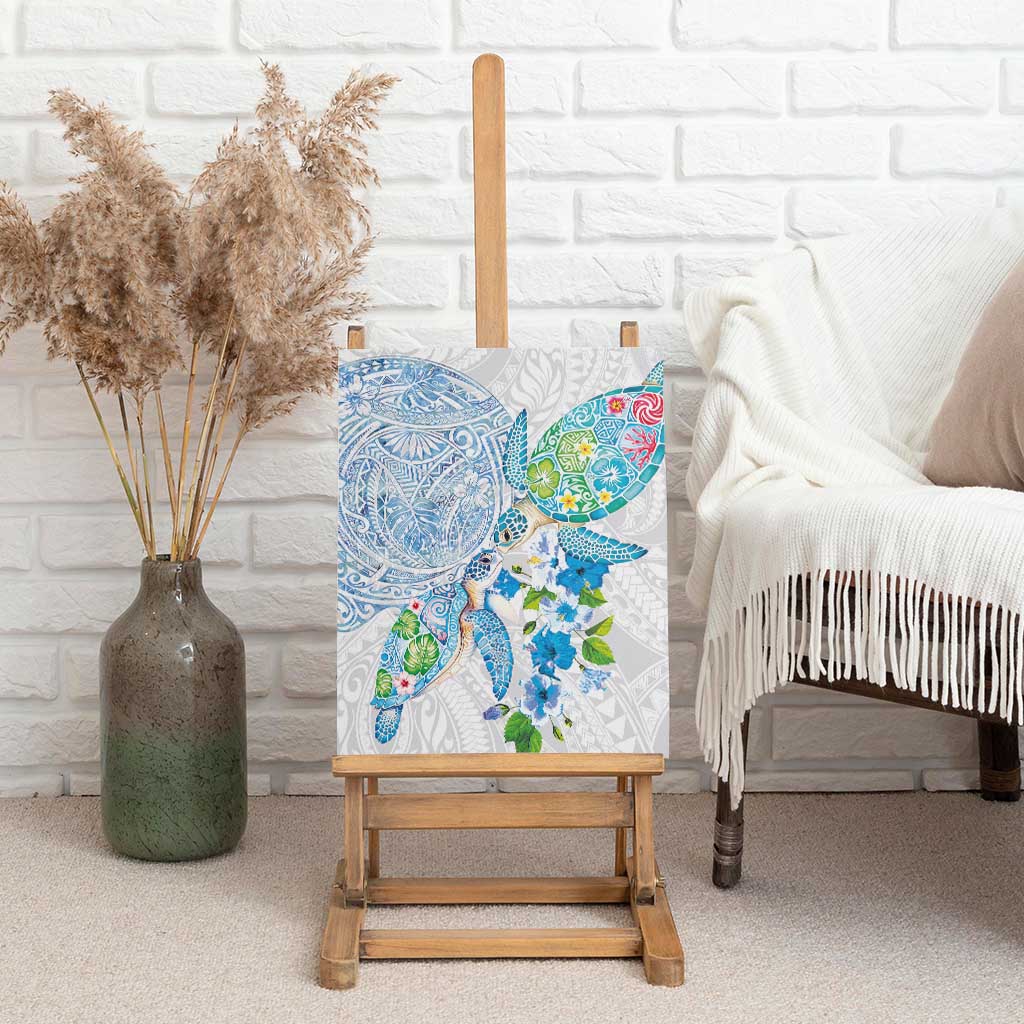 Hawaiian Couple Turtles Honi Canvas Wall Art Polynesian Art Motifs and Hibiscus White Blue Color LT03 - Polynesian Pride