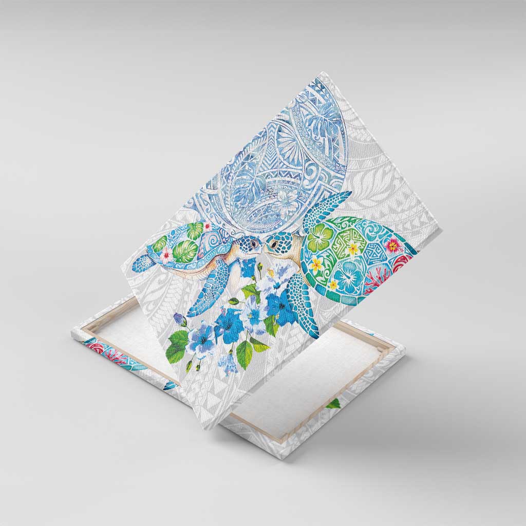 Hawaiian Couple Turtles Honi Canvas Wall Art Polynesian Art Motifs and Hibiscus White Blue Color LT03 With Frame White - Polynesian Pride