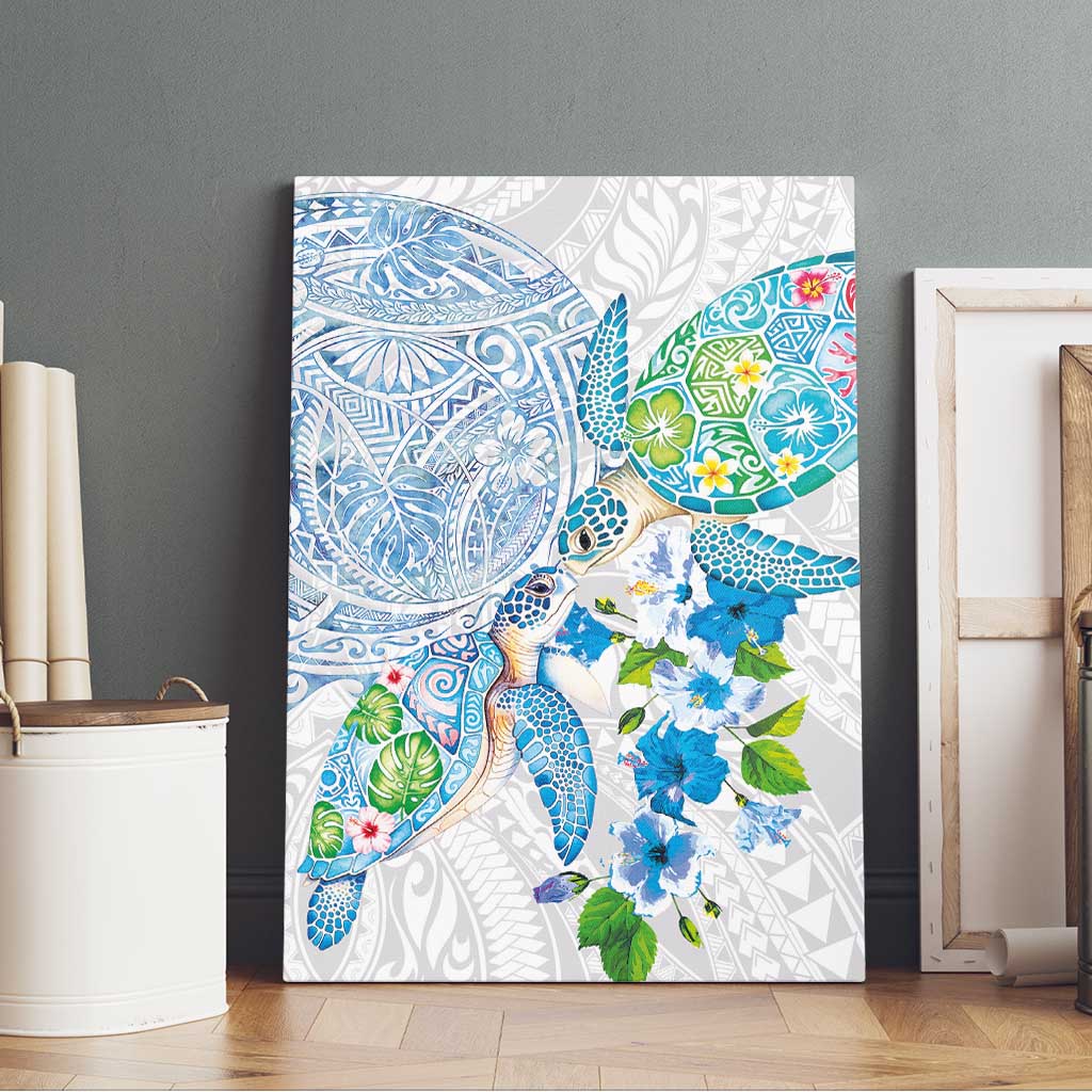Hawaiian Couple Turtles Honi Canvas Wall Art Polynesian Art Motifs and Hibiscus White Blue Color LT03 - Polynesian Pride