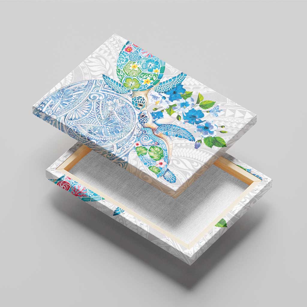 Hawaiian Couple Turtles Honi Canvas Wall Art Polynesian Art Motifs and Hibiscus White Blue Color LT03 - Polynesian Pride