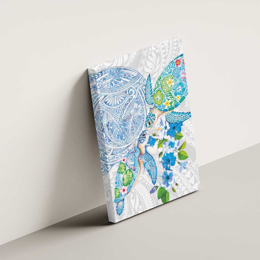 Hawaiian Couple Turtles Honi Canvas Wall Art Polynesian Art Motifs and Hibiscus White Blue Color LT03 - Polynesian Pride