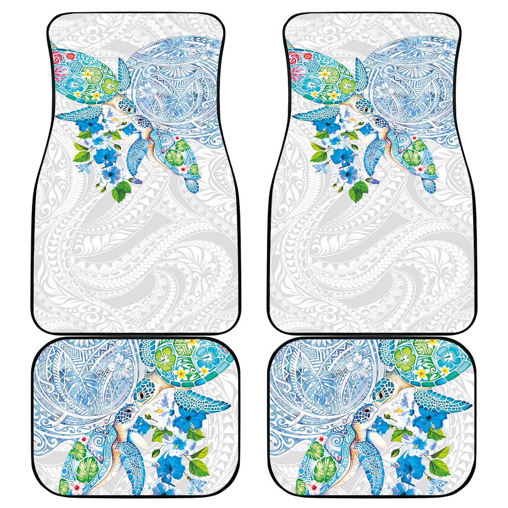Hawaiian Couple Turtles Honi Car Mats Polynesian Art Motifs and Hibiscus White Blue Color LT03 - Polynesian Pride