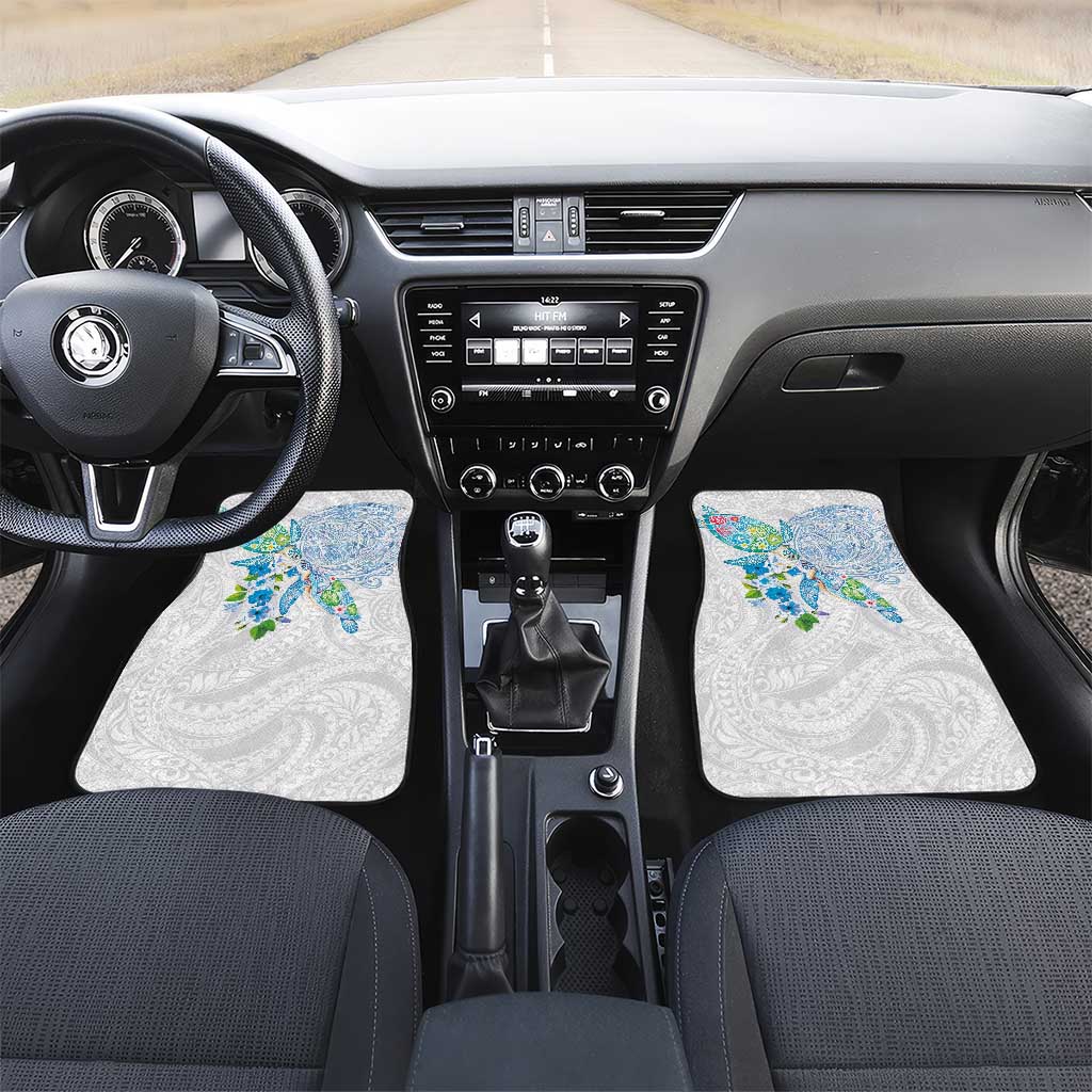 Hawaiian Couple Turtles Honi Car Mats Polynesian Art Motifs and Hibiscus White Blue Color LT03 Set 2pcs - Front White - Polynesian Pride