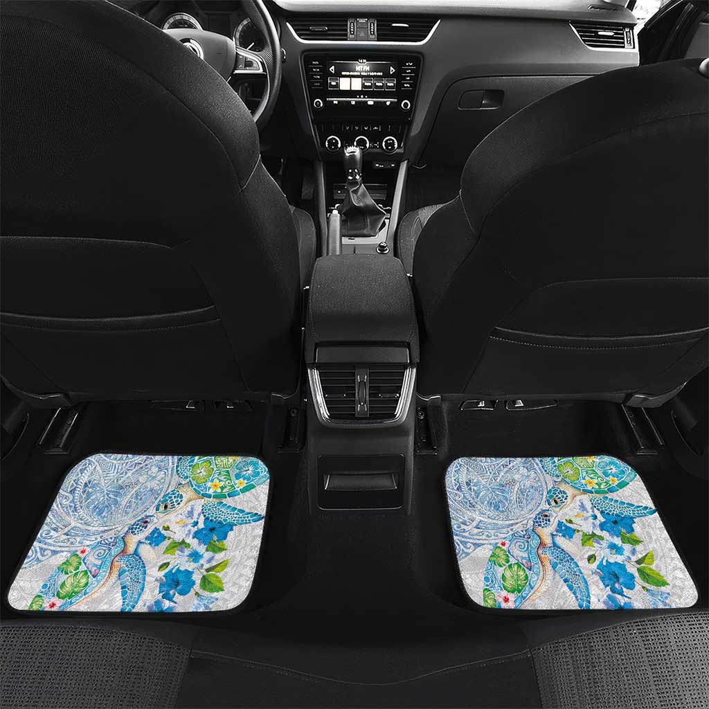 Hawaiian Couple Turtles Honi Car Mats Polynesian Art Motifs and Hibiscus White Blue Color LT03 Set 2pcs - Back White - Polynesian Pride