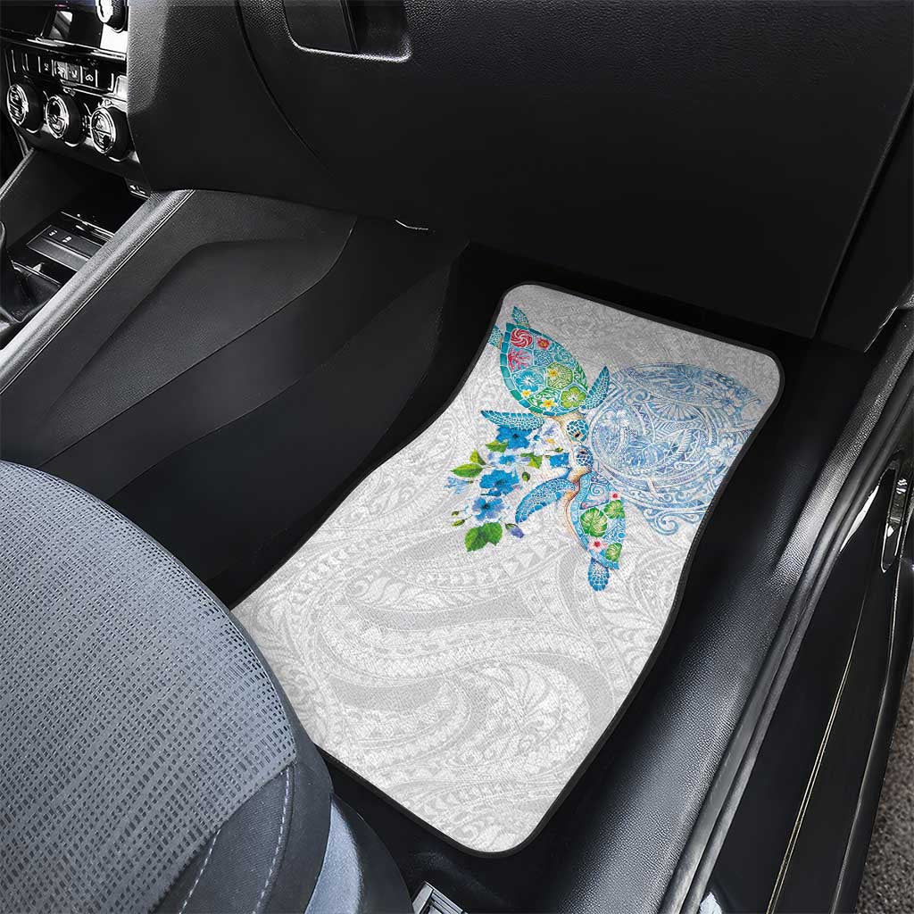 Hawaiian Couple Turtles Honi Car Mats Polynesian Art Motifs and Hibiscus White Blue Color LT03 - Polynesian Pride