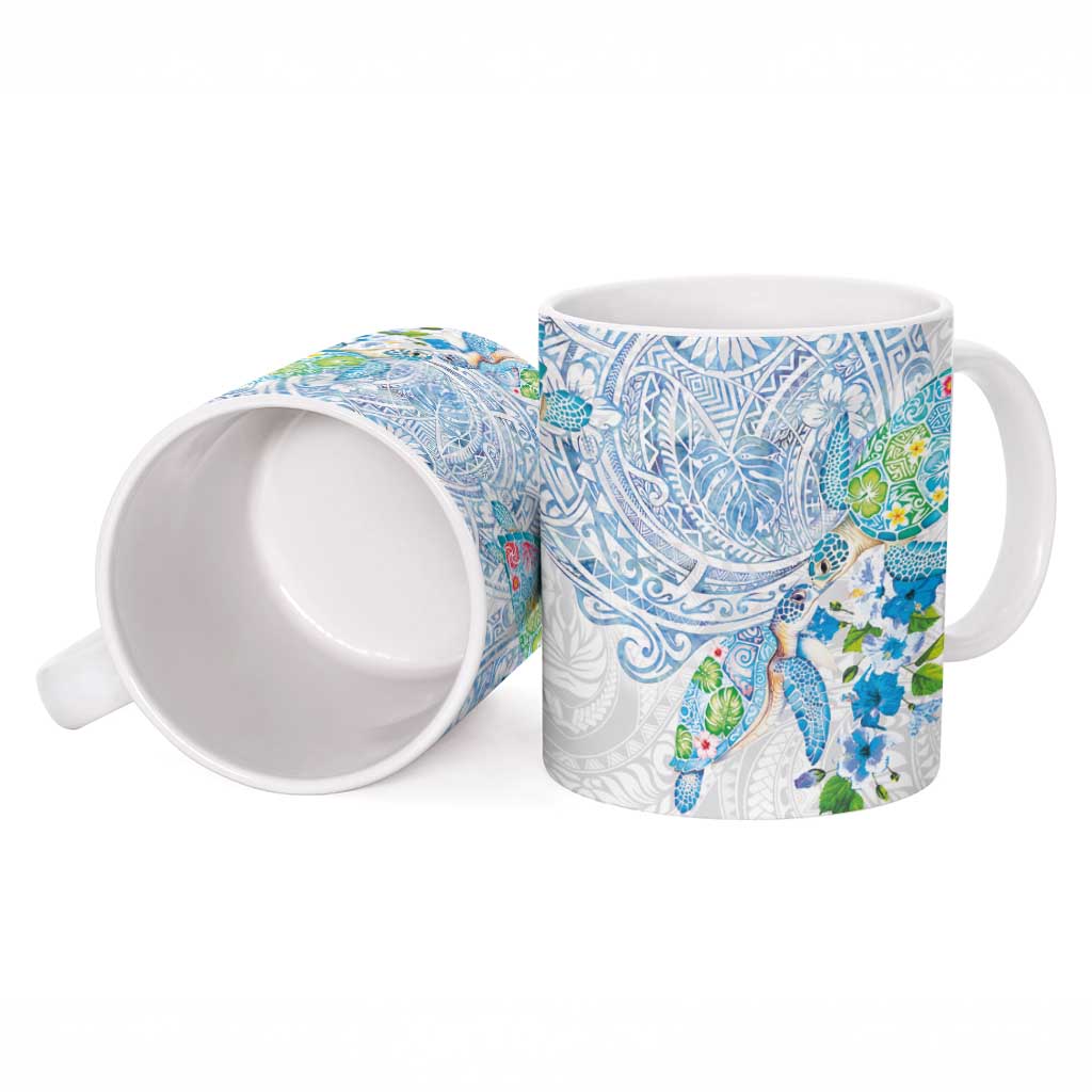 Hawaiian Couple Turtles Honi Ceramic Mug Polynesian Art Motifs and Hibiscus White Blue Color - Polynesian Pride