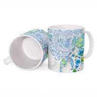 Hawaiian Couple Turtles Honi Ceramic Mug Polynesian Art Motifs and Hibiscus White Blue Color - Polynesian Pride