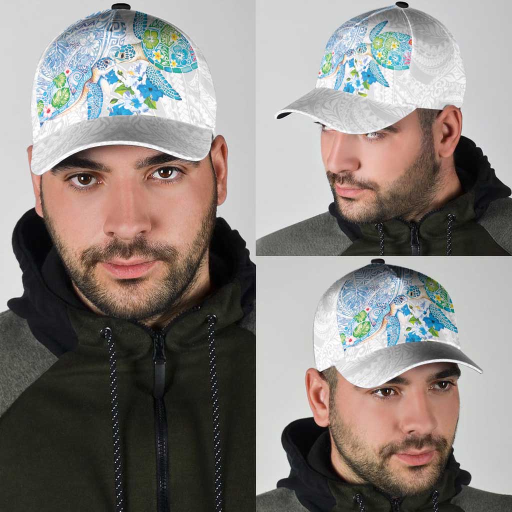 Hawaiian Couple Turtles Honi Classic Cap Polynesian Art Motifs and Hibiscus White Blue Color - Polynesian Pride