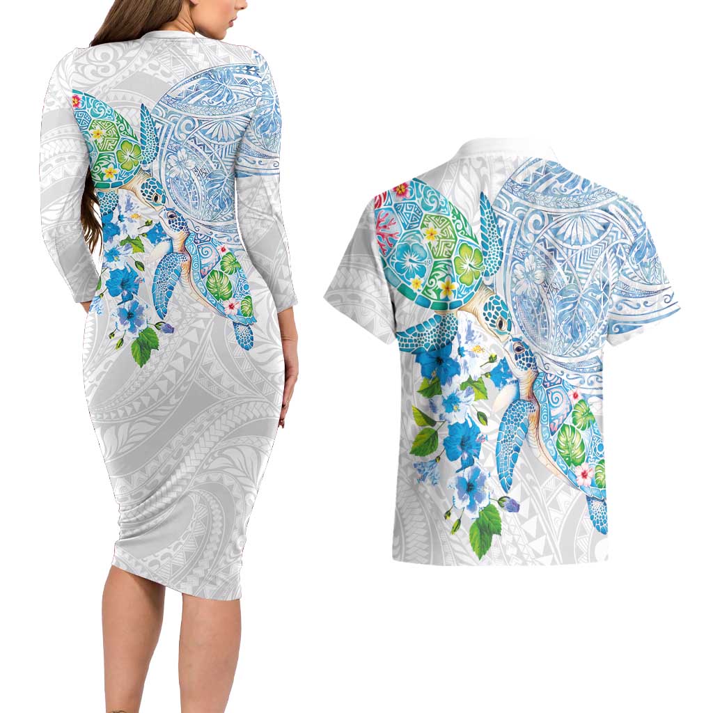 Hawaiian Couple Turtles Honi Couples Matching Long Sleeve Bodycon Dress and Hawaiian Shirt Polynesian Art Motifs and Hibiscus White Blue Color LT03 - Polynesian Pride