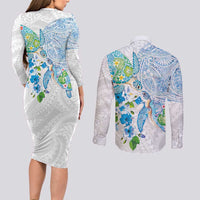 Hawaiian Couple Turtles Honi Couples Matching Long Sleeve Bodycon Dress and Long Sleeve Button Shirt Polynesian Art Motifs and Hibiscus White Blue Color LT03 - Polynesian Pride