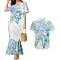 Hawaiian Couple Turtles Honi Couples Matching Mermaid Dress and Hawaiian Shirt Polynesian Art Motifs and Hibiscus White Blue Color LT03 White - Polynesian Pride