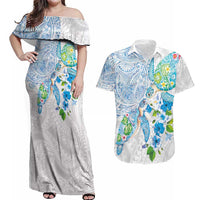 Hawaiian Couple Turtles Honi Couples Matching Off Shoulder Maxi Dress and Hawaiian Shirt Polynesian Art Motifs and Hibiscus White Blue Color LT03 White - Polynesian Pride