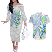 Hawaiian Couple Turtles Honi Couples Matching Off The Shoulder Long Sleeve Dress and Hawaiian Shirt Polynesian Art Motifs and Hibiscus White Blue Color LT03 White - Polynesian Pride