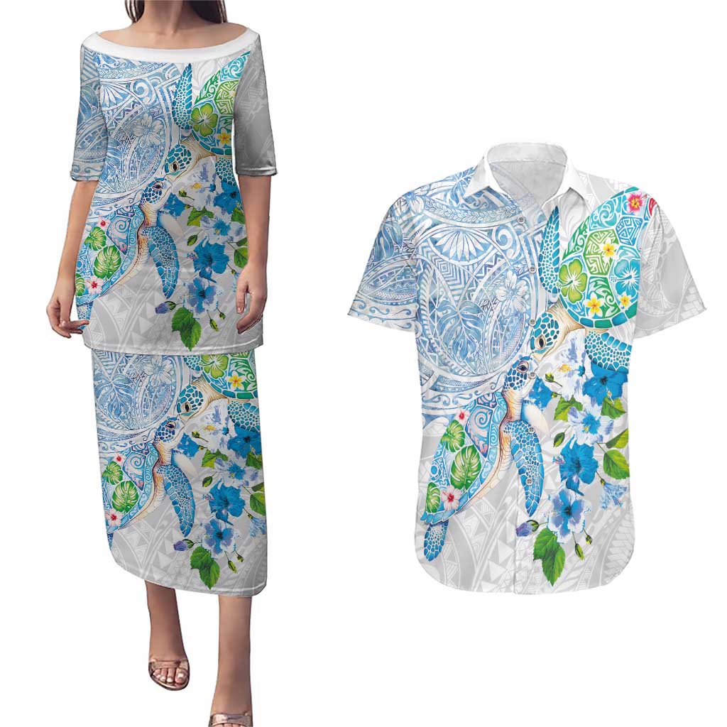 Hawaiian Couple Turtles Honi Couples Matching Puletasi and Hawaiian Shirt Polynesian Art Motifs and Hibiscus White Blue Color - Polynesian Pride