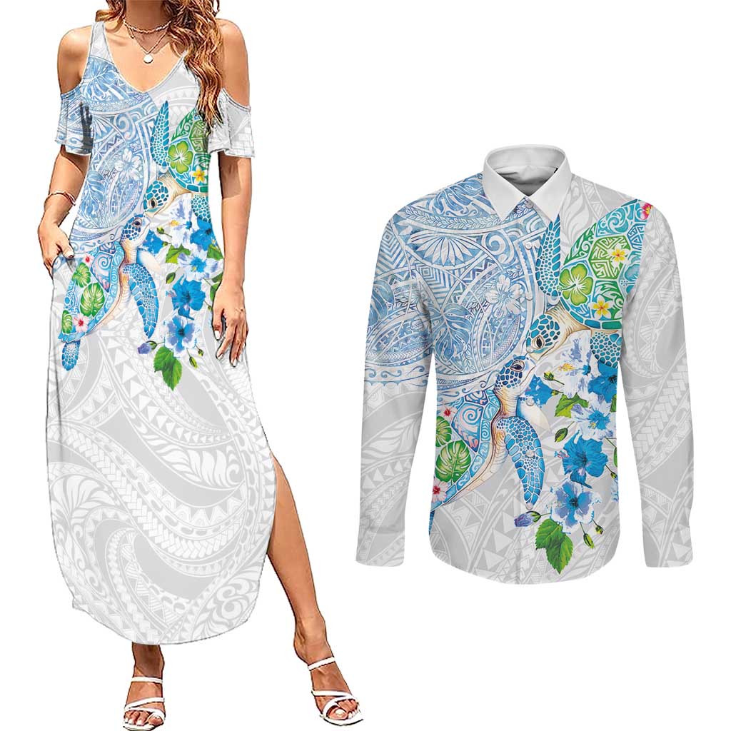 Hawaiian Couple Turtles Honi Couples Matching Summer Maxi Dress and Long Sleeve Button Shirt Polynesian Art Motifs and Hibiscus White Blue Color LT03 White - Polynesian Pride