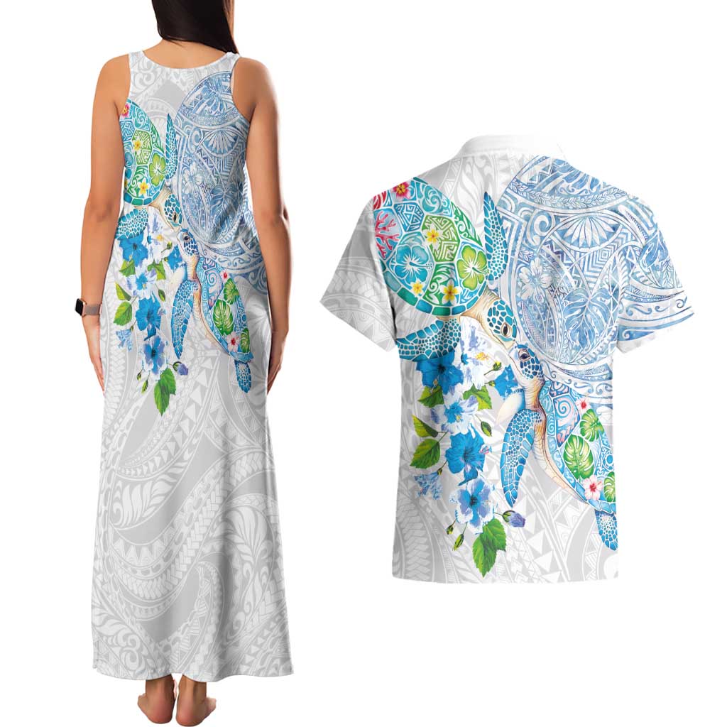 Hawaiian Couple Turtles Honi Couples Matching Tank Maxi Dress and Hawaiian Shirt Polynesian Art Motifs and Hibiscus White Blue Color LT03 - Polynesian Pride