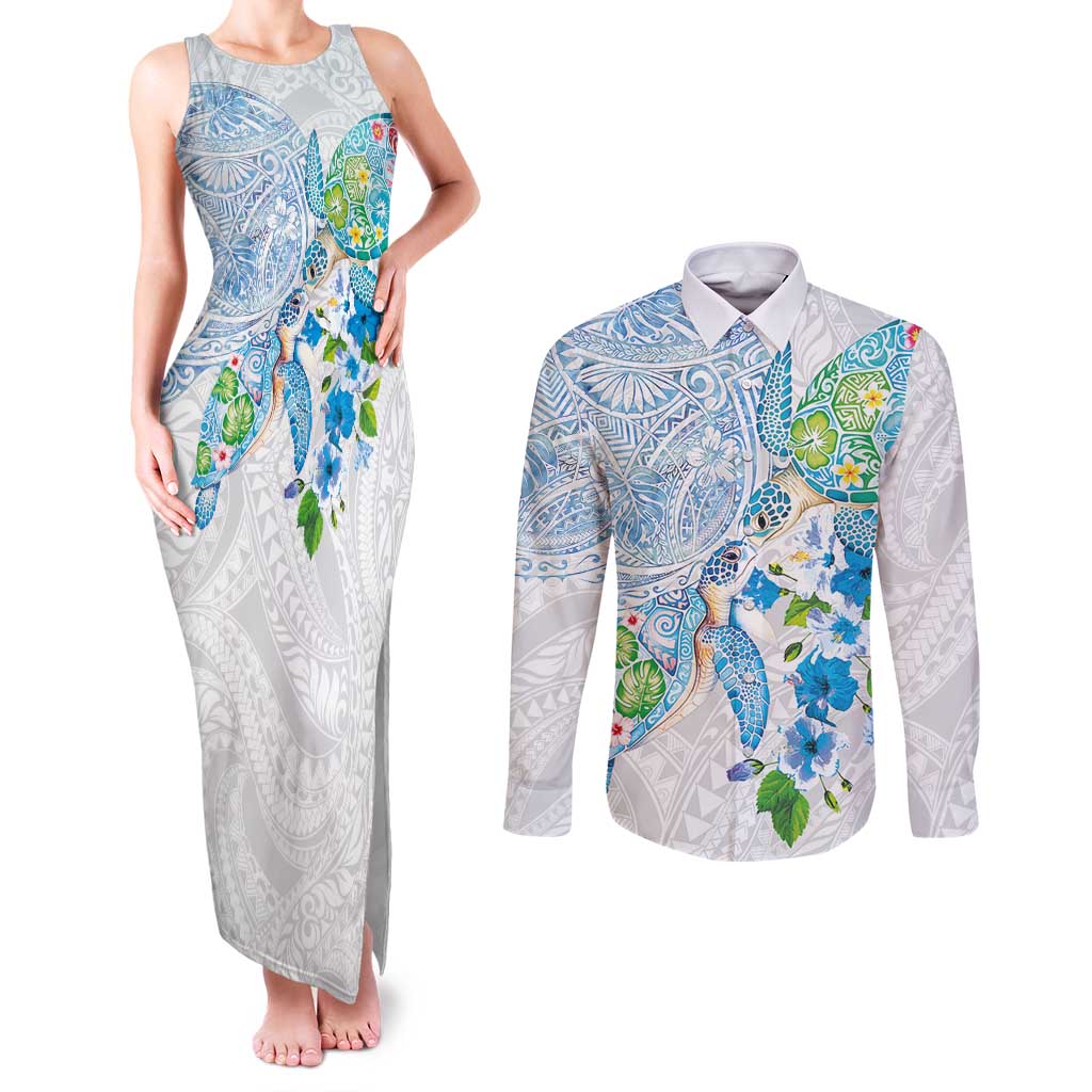 Hawaiian Couple Turtles Honi Couples Matching Tank Maxi Dress and Long Sleeve Button Shirt Polynesian Art Motifs and Hibiscus White Blue Color LT03 White - Polynesian Pride