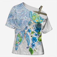 Hawaiian Couple Turtles Honi Cross Shoulder Shirt Polynesian Art Motifs and Hibiscus White Blue Color LT03 Female White - Polynesian Pride