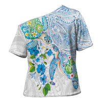 Hawaiian Couple Turtles Honi Cross Shoulder Shirt Polynesian Art Motifs and Hibiscus White Blue Color LT03 - Polynesian Pride