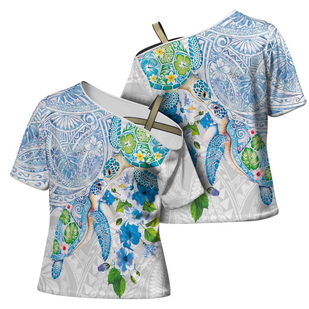 Hawaiian Couple Turtles Honi Cross Shoulder Shirt Polynesian Art Motifs and Hibiscus White Blue Color LT03 - Polynesian Pride