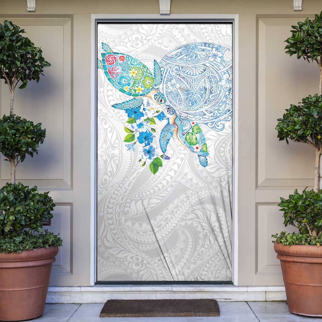 Hawaiian Couple Turtles Honi Door Cover Polynesian Art Motifs and Hibiscus White Blue Color LT03 White - Polynesian Pride