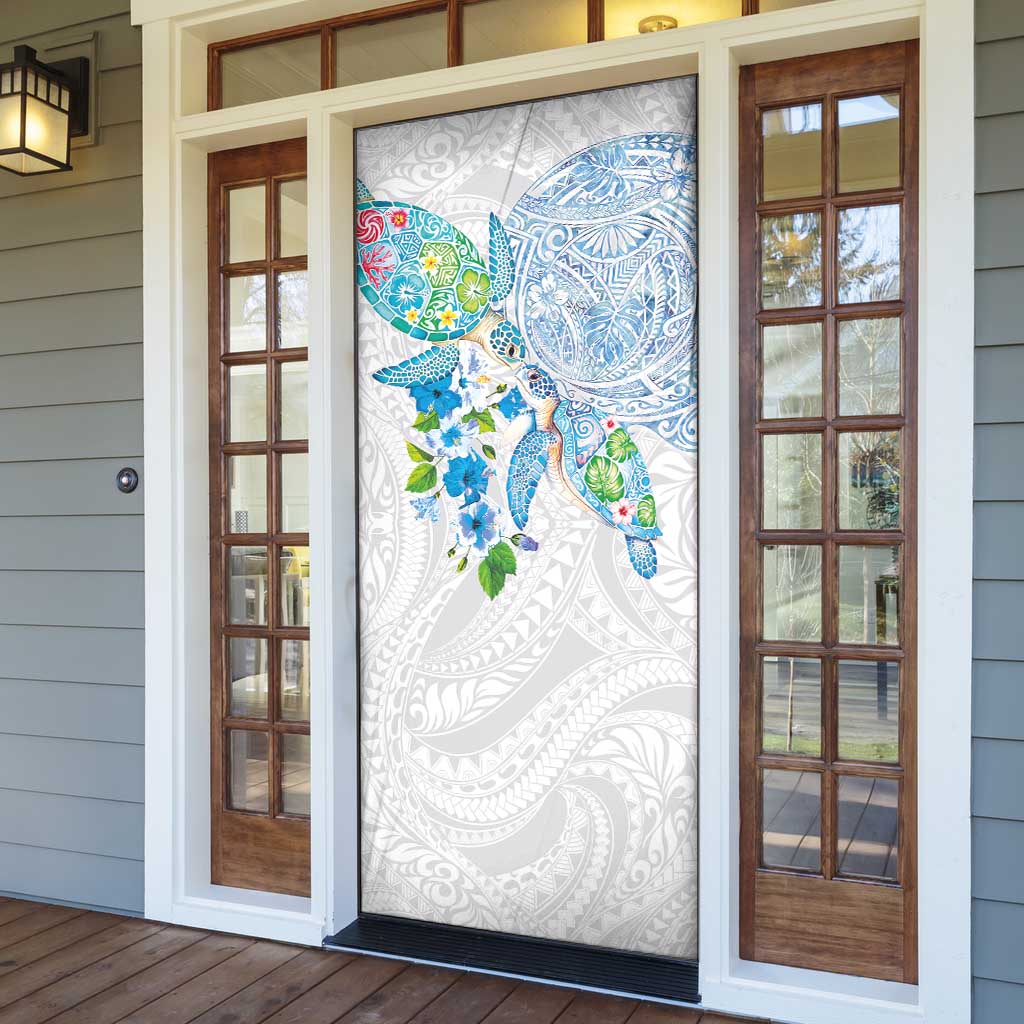 Hawaiian Couple Turtles Honi Door Cover Polynesian Art Motifs and Hibiscus White Blue Color LT03 - Polynesian Pride