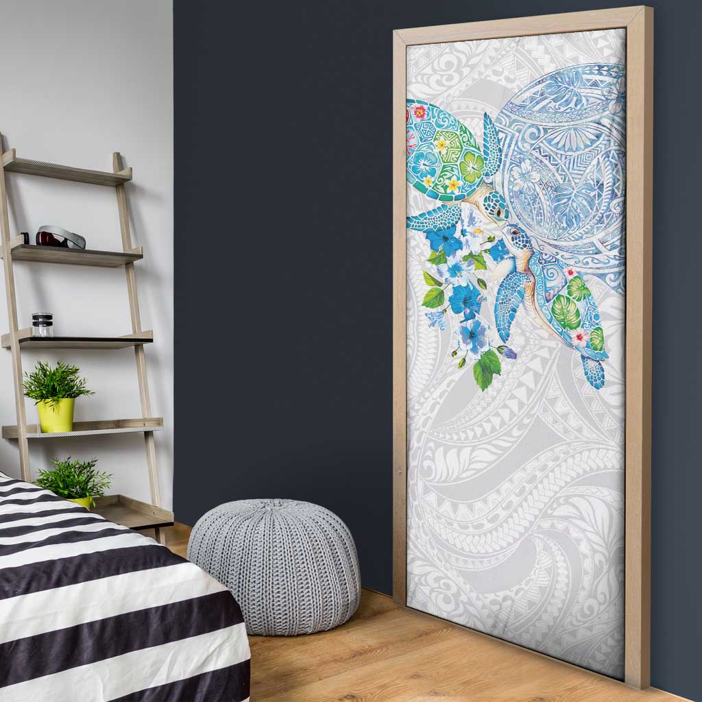 Hawaiian Couple Turtles Honi Door Cover Polynesian Art Motifs and Hibiscus White Blue Color LT03 - Polynesian Pride